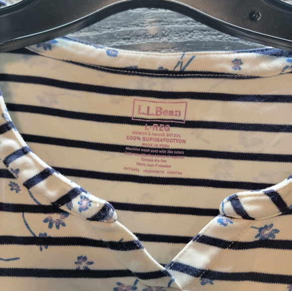 LL Bean 100% Supima Cotton Blue Floral Striped Print Shirt Plus Size Large - Picture 3 of 3